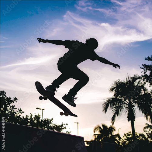 Silhouette of a skateboarder performing a trick against a vibrant sunset sky showcasing skill and freedom in an urban skatepark environment