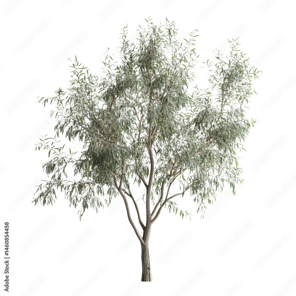 Fototapeta premium A solitary eucalyptus tree with shimmering silvery foliage against an infinite void, a symbol of resilience and serenity