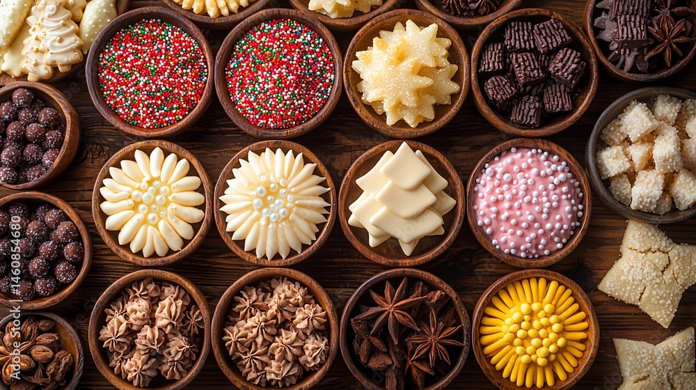 Assorted Christmas cookies and sprinkles in small bowls Assorted Christmas cookies and sprinkles in small bowls