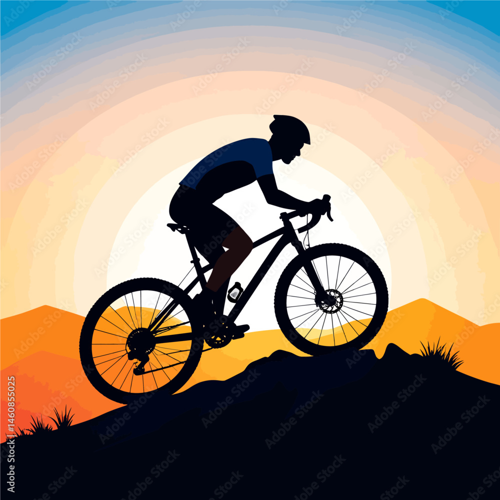 Obraz premium Silhouette of cyclist riding mountain bike against sunset sky for outdoor adventure and fitness concept