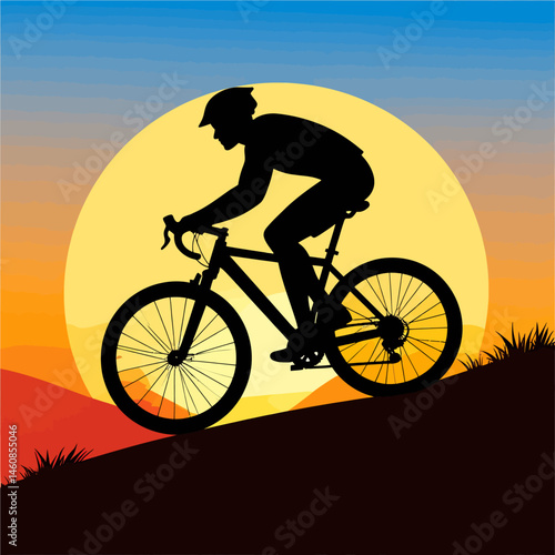 Silhouette of cyclist riding mountain bike against sunset sky symbolizing outdoor activity and healthy lifestyle, promoting fitness and adventure