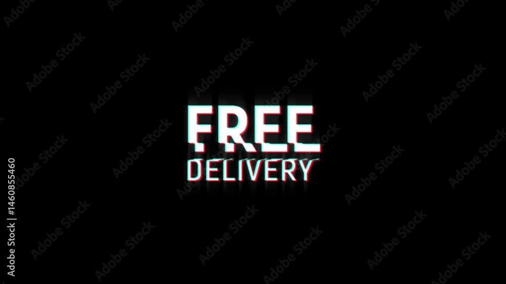 free delivery glitch effect animation. Graphic overlay text abstract vintage twitched 4k video loop motion animation. Black background old retro digital tv