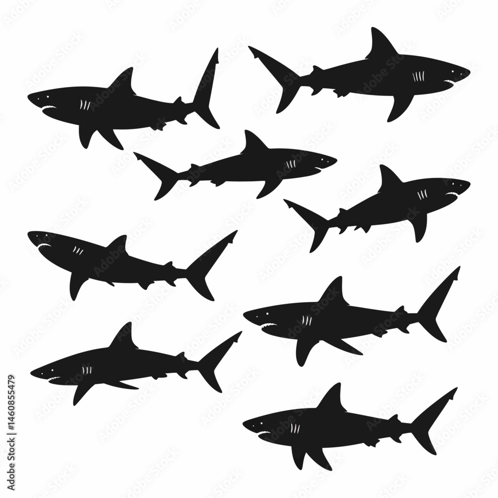 Fototapeta premium Silhouette of sharks swimming in various directions on a white background, illustrating ocean life and marine predators