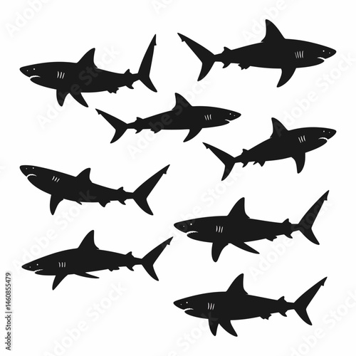 Silhouette of sharks swimming in various directions on a white background, illustrating ocean life and marine predators