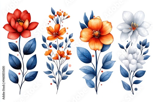 Fototapeta Naklejka Na Ścianę i Meble -  Watercolor floral arrangements, featuring red, orange, and white flowers with blue-green leaves, set against a white background