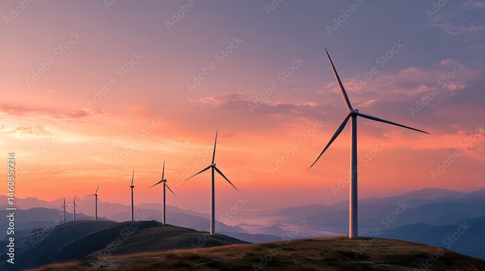 Wind Turbines on Mountain Ridge at Sunset, Generating Sustainable Energy Wind Turbines on Mountain Ridge at Sunset, Generating Sustainable Energy