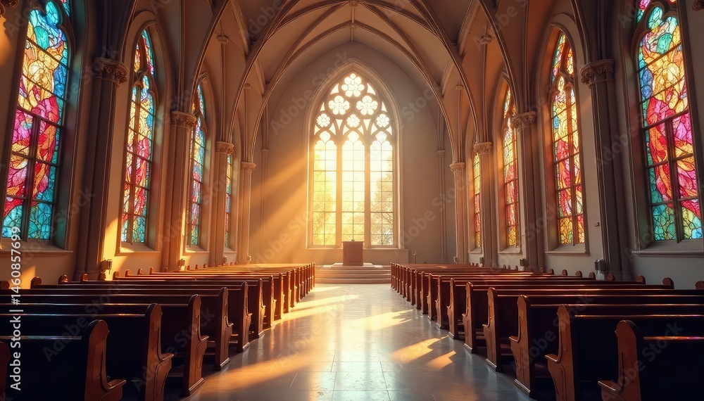 Fototapeta premium A modern church sanctuary, bathed in sunlight streaming through stained glass windows , grace, belief, devotion
