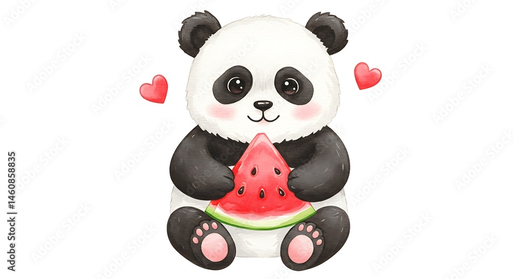 Naklejka premium Sweet Summer Panda: Watercolor Delight of Juicy Watermelon and Love AI Generated
