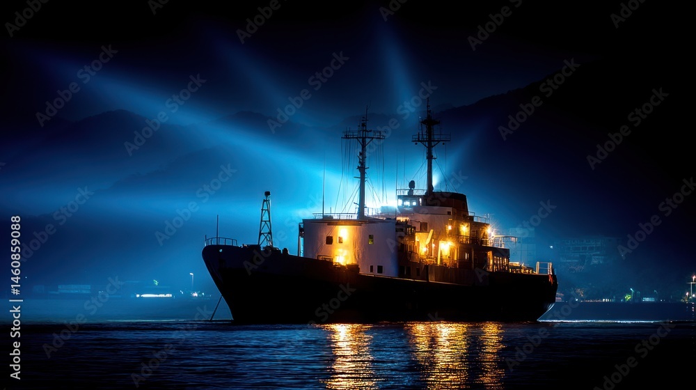 Fototapeta premium Illuminated Cargo Ship Approaching Shore at Night with Dramatic Lights