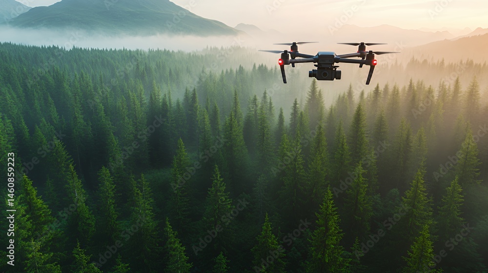 Fototapeta premium A drone soaring over a lush green forest at sunset, capturing breathtaking aerial views.