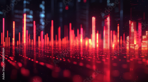 A realistic 4K 3D background featu dynamic sound visualization with red spectrum bars creating a rhythmic cityscape in a stunning side angle perspective.
