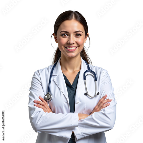 Female doctor standing and smiling, Wearing stethoscope and white coat, Studio portrait on white background, Emphasizing approachability and professionalism in healthcare