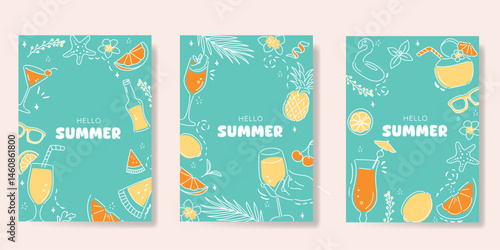 Summer doodle hand drawn poster background vector set. Colorful abstract wallpaper with cocktail, lemon, pineapple. Happy summertime illustration design for greeting card, drink menu, beverages.