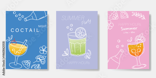 Summer doodle hand drawn poster background vector set. Colorful abstract wallpaper with cocktail, lemon, pineapple. Happy summertime illustration design for greeting card, drink menu, beverages.