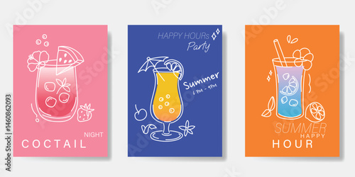 Summer doodle hand drawn poster background vector set. Colorful abstract wallpaper with cocktail, lemon, pineapple. Happy summertime illustration design for greeting card, drink menu, beverages.