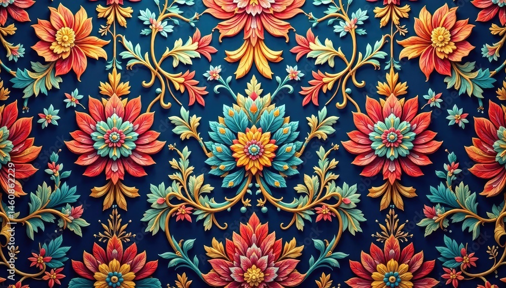 Intricate floral damask textile, repeating motif, art, textile pattern Intricate floral damask textile, repeating motif, art, textile pattern
