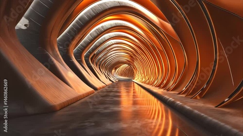 Wallpaper Mural Flythrough of a futuristic tunnel designed with seamless curves and warm lighting effects in a digital environment, Flythrough futuristic tunnel Seamless 3D render Torontodigital.ca
