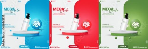 set of cosmetics product sales, empty podium design vector in an isolated background. Blue, red, and green color social media promotional product sale advertisement podium collection design template. 