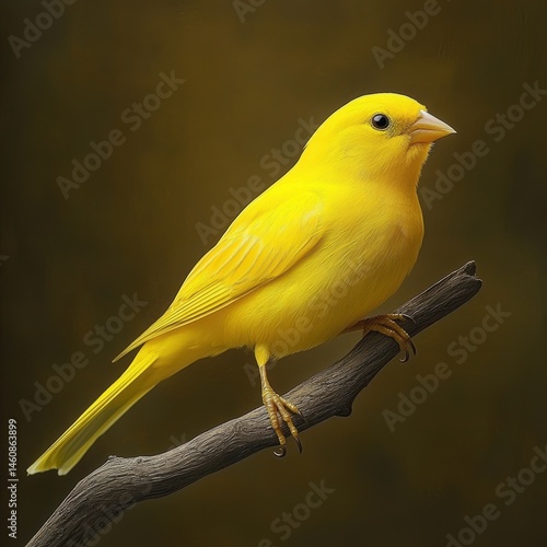Close-up of a bright yellow canary perched on a branch in soft light studio shot of a bird in nature