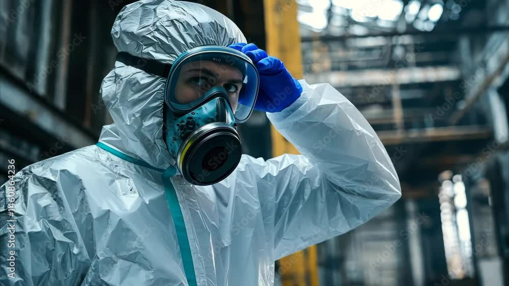 Scientist in protective gear conducts industrial investigation for safety and analysis, Scientist in protective gear investigating industrial pollution in an abandoned factory Scientist in protective gear conducts industrial investigation for safety and analysis, Scientist in protective gear investigating industrial pollution in an abandoned factory