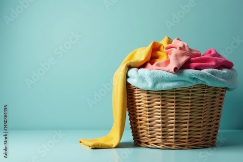 Oversized woven laundry basket overflowing with clothes , basket, interior design