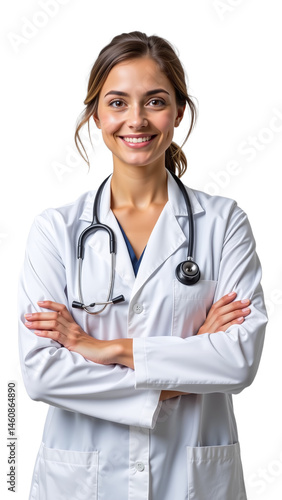Female doctor standing and smiling, Wearing stethoscope and white coat, Studio portrait on white background, Emphasizing approachability and professionalism in healthcare