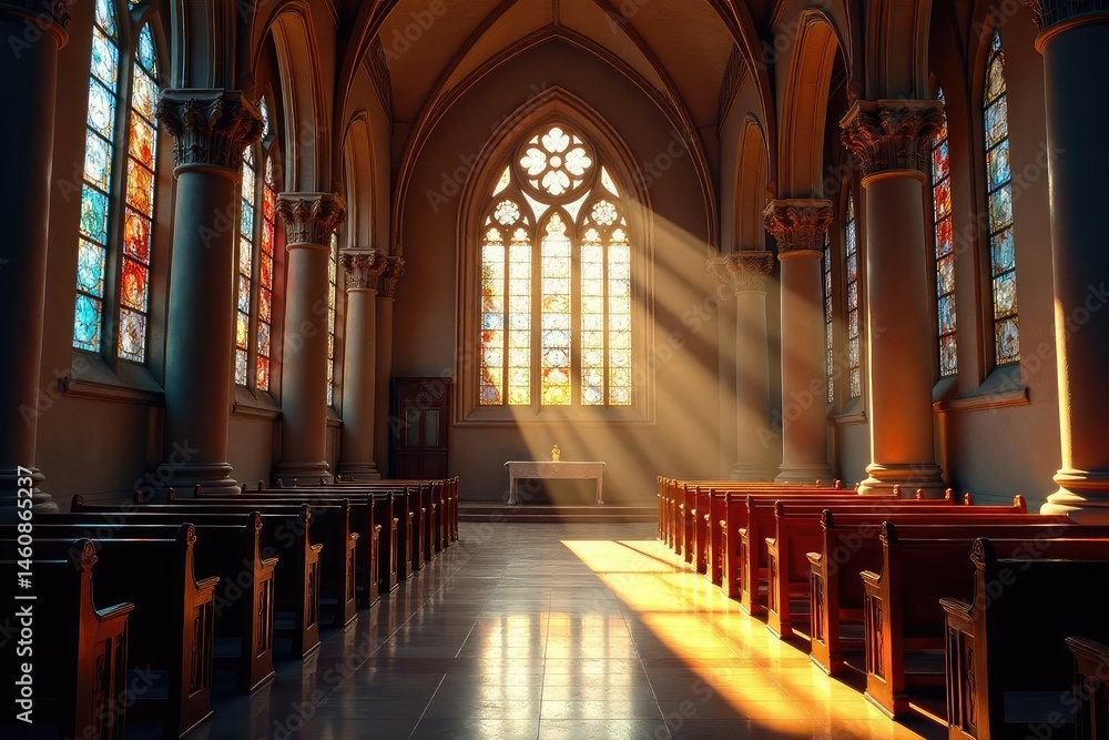 Fototapeta premium Serene church interior, sunlight streaming through stained glass windows , orthodox, hope