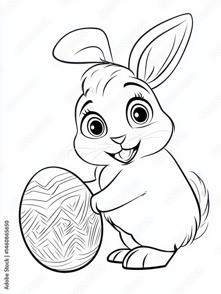 Cute Easter Bunny Holding Decorated Egg Black and White Line Art Illustration Front View Studio Shot Holiday Celebration