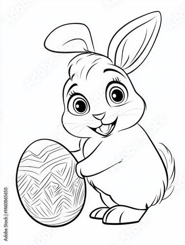 Obraz na płótnie Cute Easter Bunny Holding Decorated Egg Black and White Line Art Illustration Front View Studio Shot Holiday Celebration w salonie