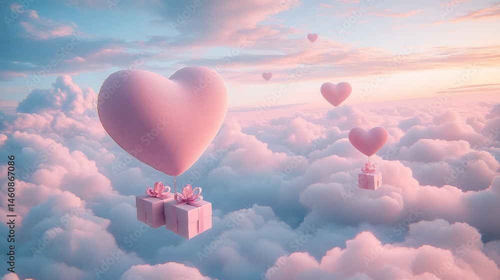 Fototapeta premium A Box flying on a parachute with pink cloud in valentine day,package flying down from sky and cloud with parachute, concept for delivery service,shopping online,air delivery service.