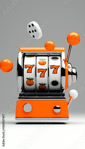 Orange slot machine with spinning reels and dice