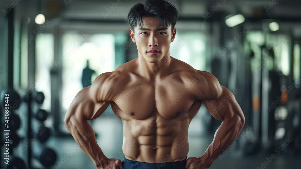 Man with a muscular body is posing in a gym. He is wearing a black shirt and black shorts Man with a muscular body is posing in a gym. He is wearing a black shirt and black shorts