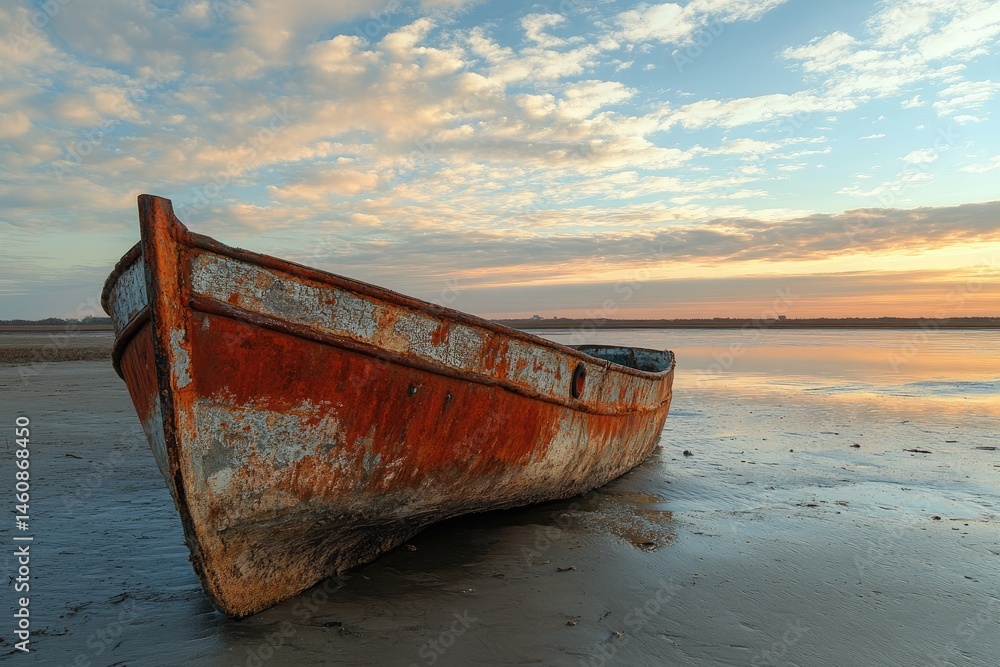 Rusted boat on a beach at sunset Rusted boat on a beach at sunset