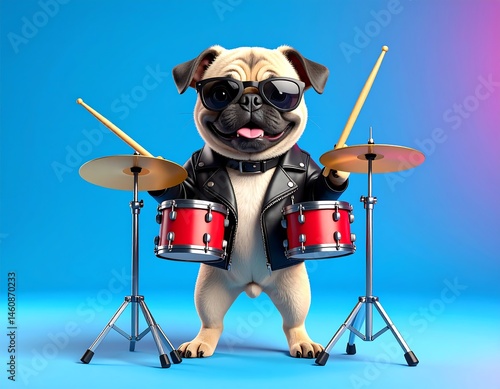 Playful Pug Drummer in Sunglasses and Leather Jacket