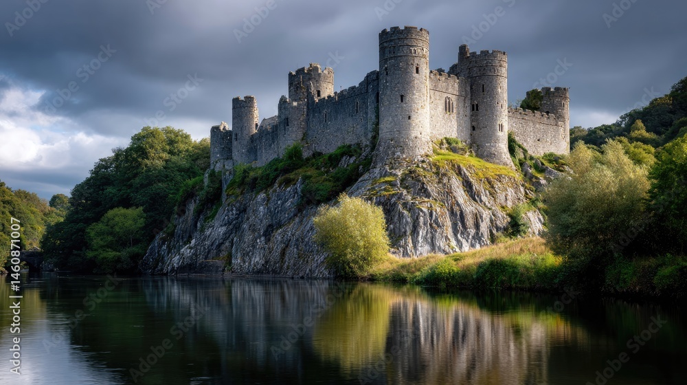 A dramatic medieval fortress perched on a rocky hill overlooking a tranquil river. A dramatic medieval fortress perched on a rocky hill overlooking a tranquil river.