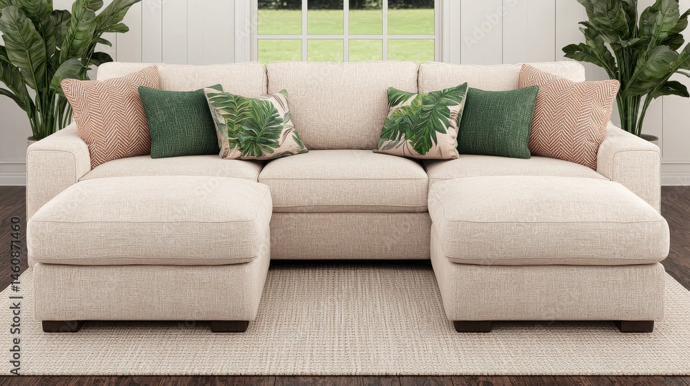 Fototapeta premium Comfortable beige sectional sofa with decorative cushions and green plants in a bright living room
