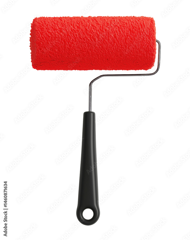 Obraz premium Red paint roller with black plastic handle, isolated on a transparent background