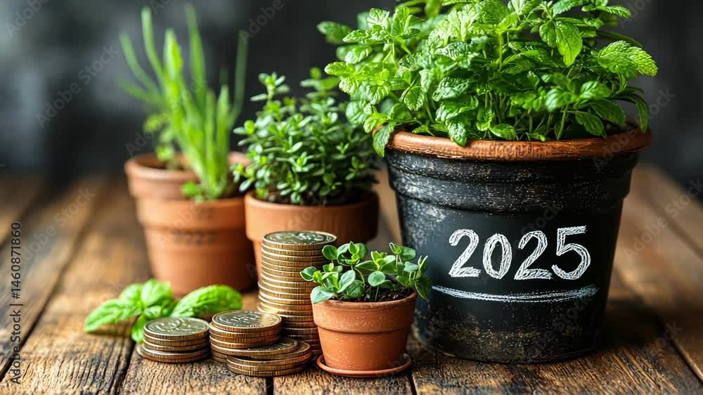 Fresh herbs and plants in pots with coins symbolize growth and prosperity, creating vibrant gardening atmosphere for 2025. Fresh herbs and plants in pots with coins symbolize growth and prosperity, creating vibrant gardening atmosphere for 2025.