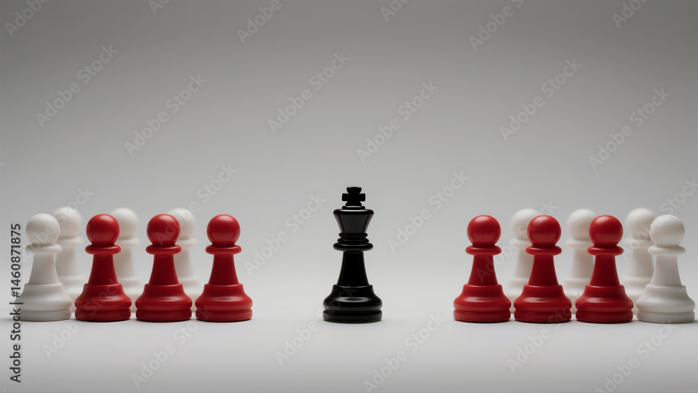 Conceptual chess arrangement with red and white pawns facing a black king on gray background, symbolizing leadership, conflict, strategy, power, diversity, and challenge Conceptual chess arrangement with red and white pawns facing a black king on gray background, symbolizing leadership, conflict, strategy, power, diversity, and challenge