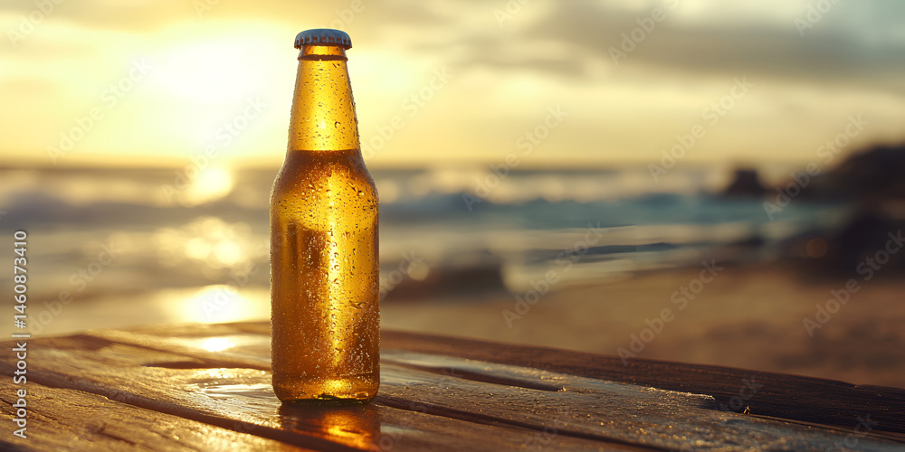 Chilled Beer Bottle on Wooden Table at Sunset Near Water