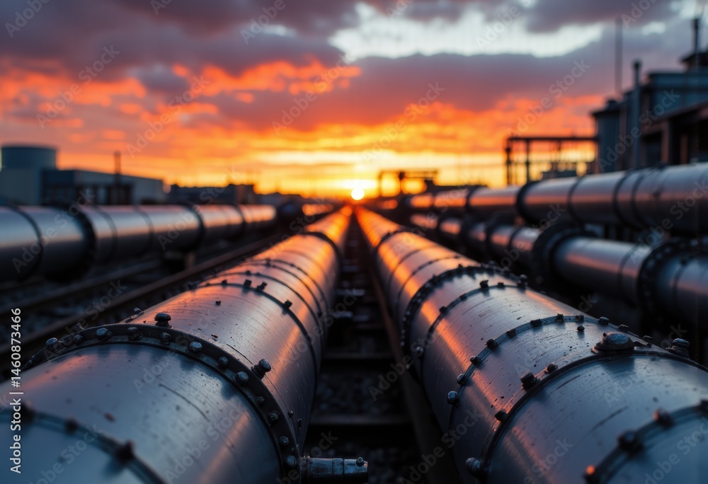 Naklejka premium Industrial pipelines stretching towards a vibrant sunset sky
