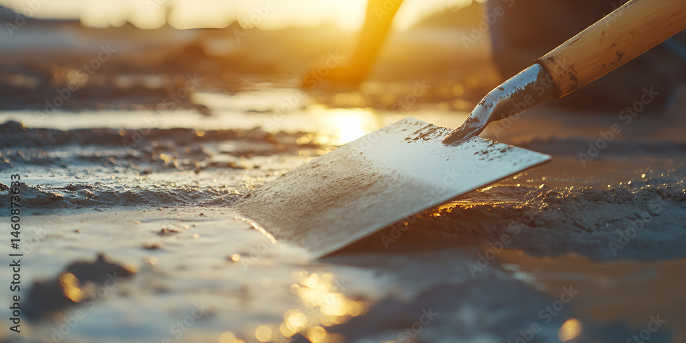 Worker Using Trowel on Wet Cement During Construction at Sunset