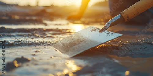 Obraz na płótnie Worker Using Trowel on Wet Cement During Construction at Sunset w salonie