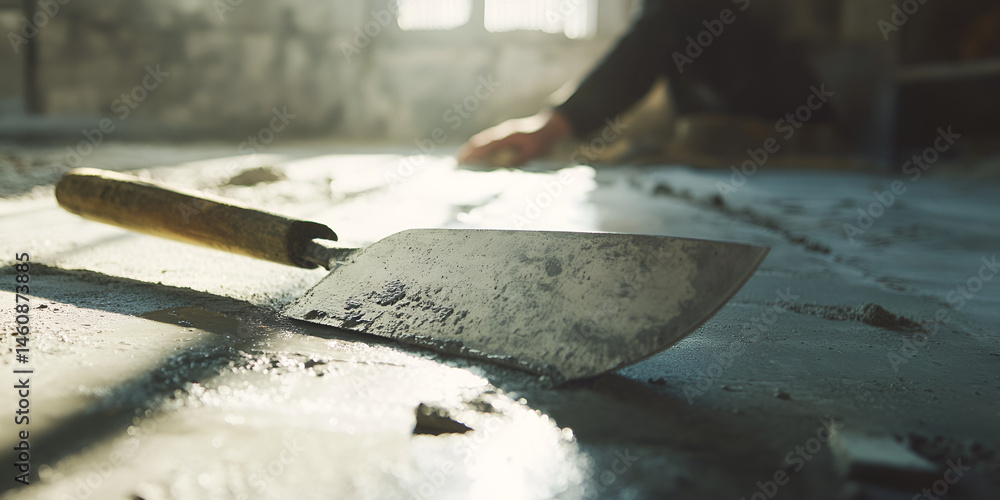 Close-Up of Construction Trowel on Cement Floor with Worker in Background