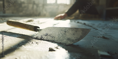 Obraz na płótnie Close-Up of Construction Trowel on Cement Floor with Worker in Background w salonie