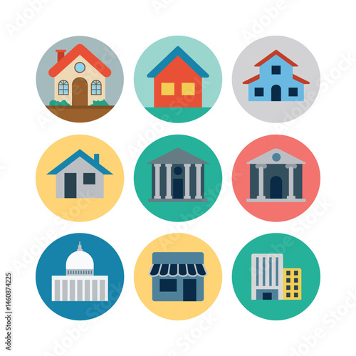 Flat Design Set Of Buildings Featuring Houses Government Buildings And Commercial Structures With Varied Background Colors