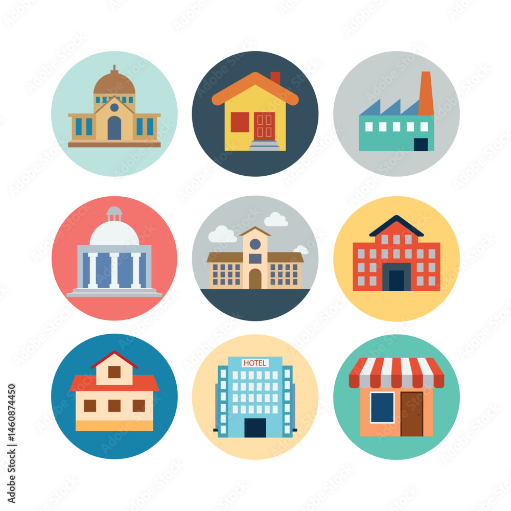 Flat Vector Icon Set Of Diverse Buildings With Government Commercial And Industrial Structures Flat Vector Icon Set Of Diverse Buildings With Government Commercial And Industrial Structures