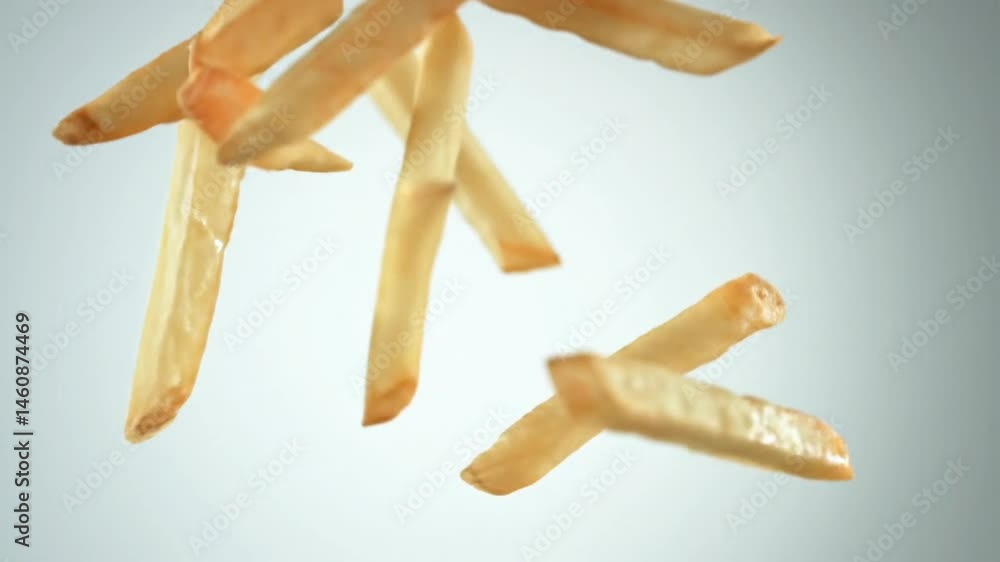 Golden French Fries Dynamically Scattering in Slow Motion Against a Gradient Background High Angle Golden French Fries Dynamically Scattering in Slow Motion Against a Gradient Background High Angle