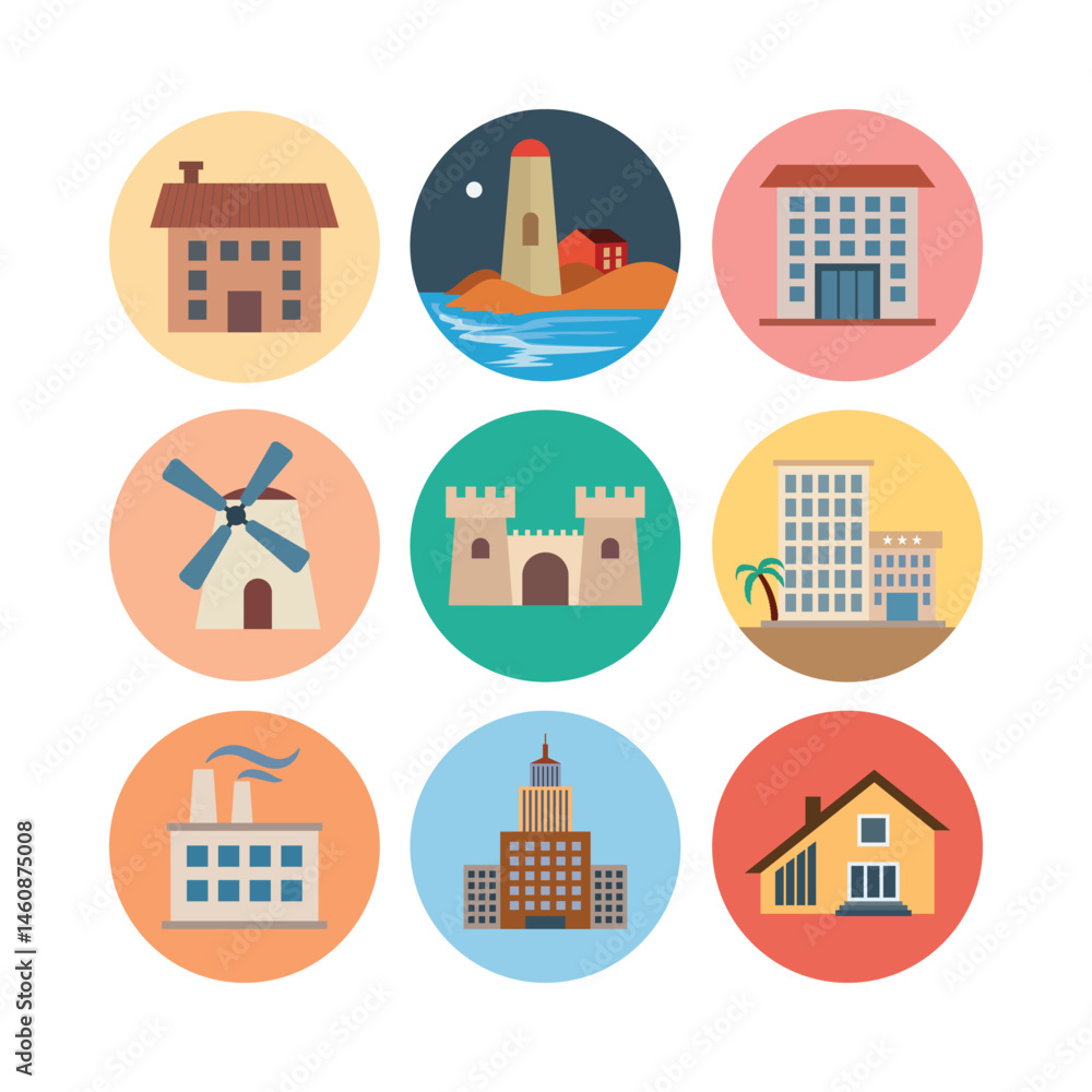 Set Of Buildings Icons Flat Design Style On Different Colors Background For Architecture Concept Set Of Buildings Icons Flat Design Style On Different Colors Background For Architecture Concept