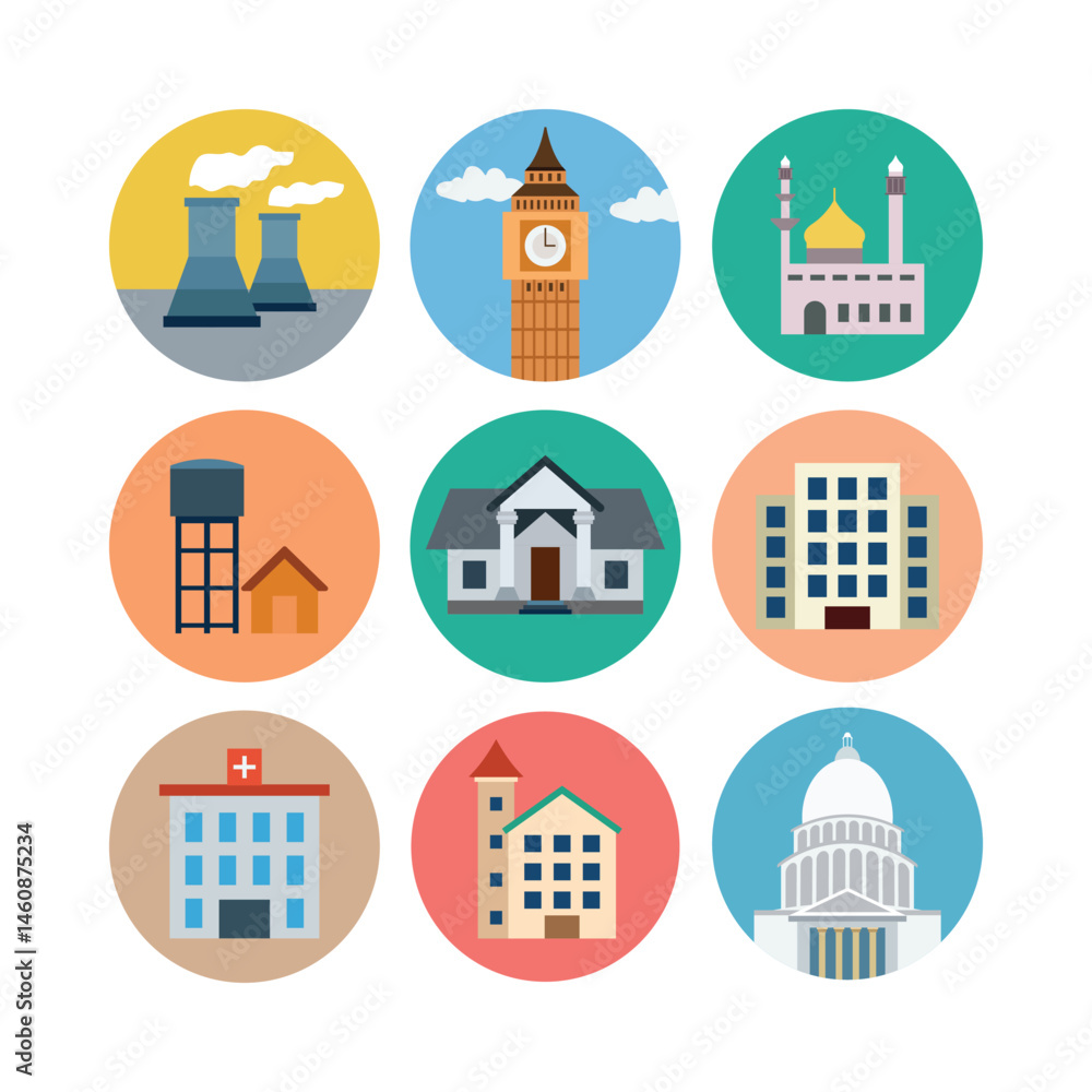 Fototapeta premium Flat Icons Buildings Landmarks Representing Different Purposes Including Industrial Governmental Religious And Residential
